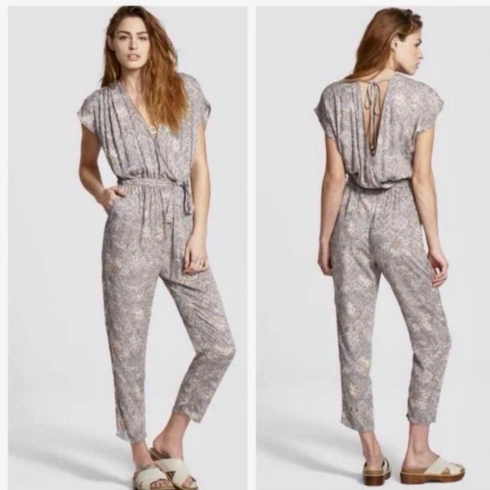 Free People Universal Taupe Surplice V Neck Open Back Short Sleeve Jumpsuit, S